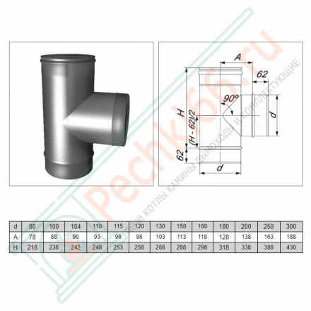 Тройник одностенный 90° (AISI-321/0,8мм) d-115 (Вулкан)