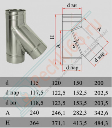 Тройник 45° без изол (НЕРЖ-321/0,8) d-200 (Дымок-Lux)