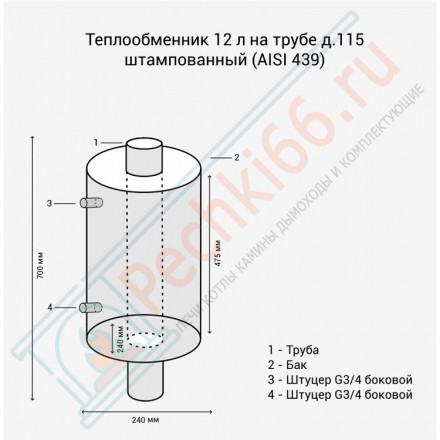 Теплообменник на трубе (НЕРЖ-439/0,8мм) 12 л, d-115 (Россия)