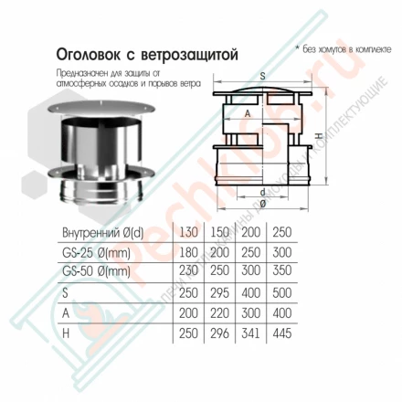 Оголовок с ветрозащитой (AISI-316L/0,5-AISI-304/0,5) d-130/230 (Craft-GS-50)