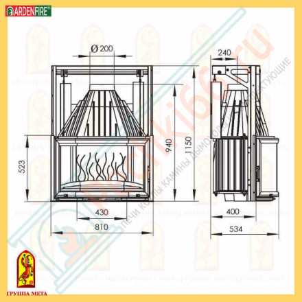 Чугунная топка Призма 850П, подъемный механизм (Мета) 15 кВт